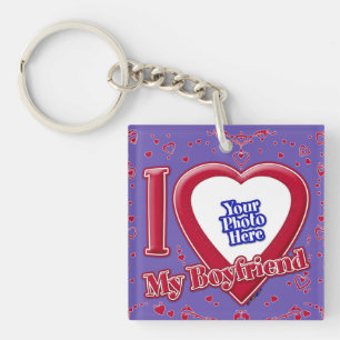 I Love My Boyfriend Photo Red Hearts Purple Keychain