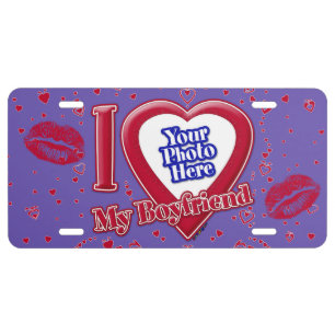 I Love My Boyfriend Photo Red Hearts Purple License Plate