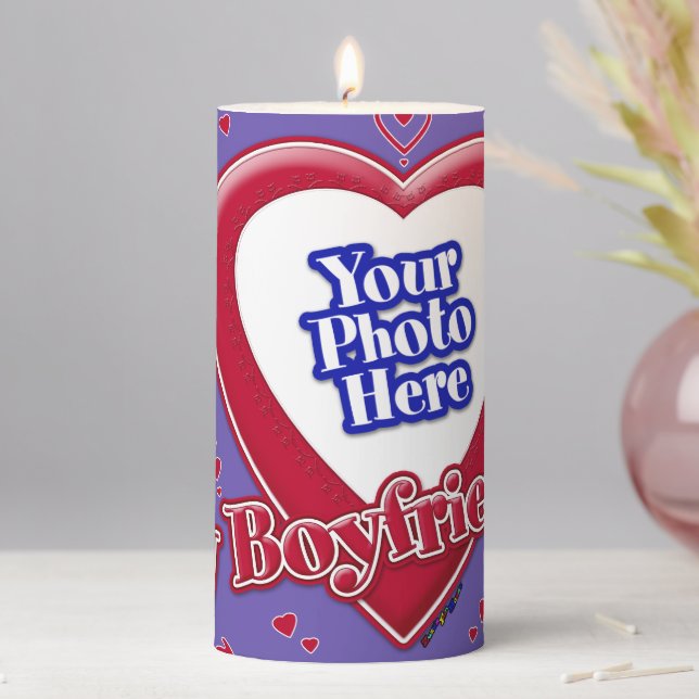 I Love My Boyfriend Photo Red Hearts Purple Pillar Candle (In Situ)