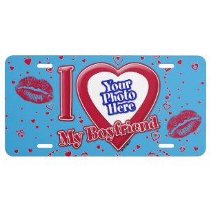 I Love My Boyfriend Photo Red Hearts Teal License Plate