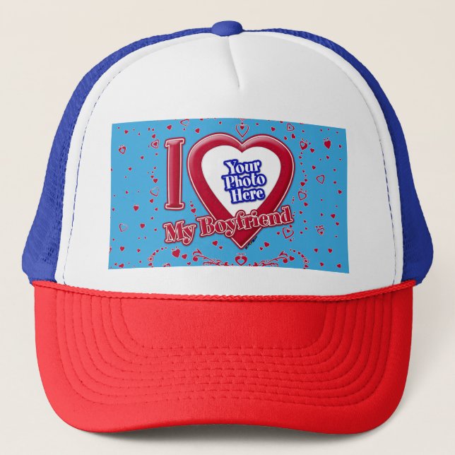 I Love My Boyfriend Photo Red Hearts Teal Trucker Hat (Front)