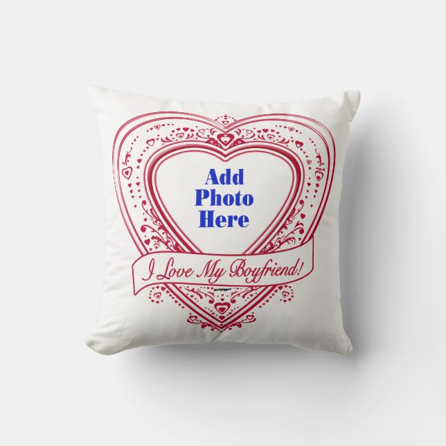 I Love My Boyfriend! Photo Red Hearts Throw Pillow (Front)