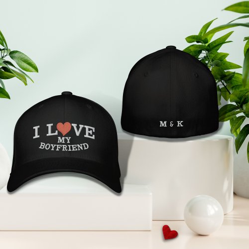 I Love My Boyfriend Red Heart Monogram Custom  Embroidered Baseball Cap
