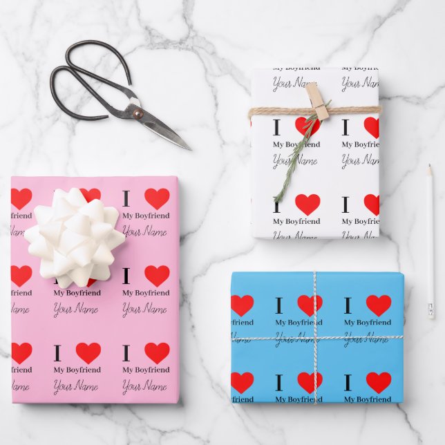 I love My Boyfriend & Red Heart Personalized  Wrapping Paper Sheets (Front)
