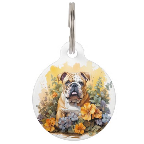 I Love My Bulldog Floral Dog Portrait Pet ID Tag