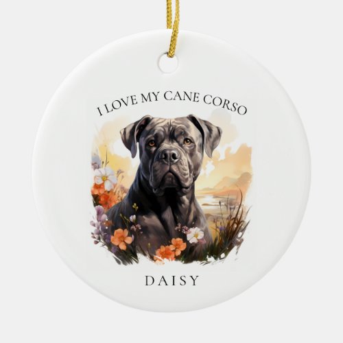 I Love My Cane Corso Floral Dog Portrait Ceramic Ornament