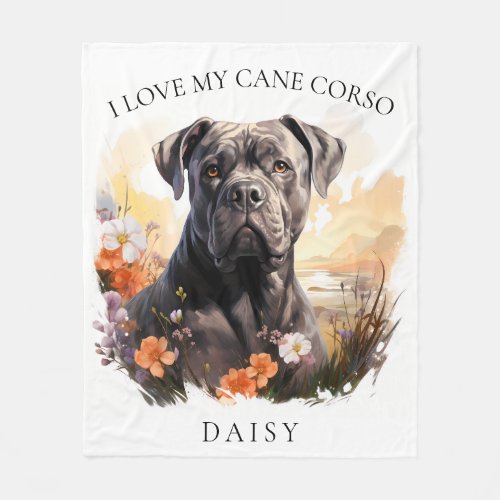 I Love My Cane Corso Floral Dog Portrait Fleece Blanket