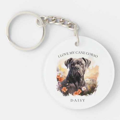 I Love My Cane Corso Floral Dog Portrait Keychain