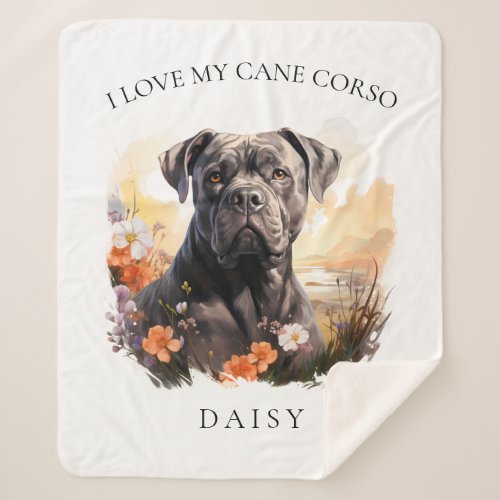 I Love My Cane Corso Floral Dog Portrait Sherpa Blanket