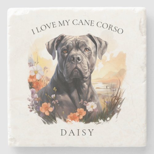 I Love My Cane Corso Floral Dog Portrait Stone Coaster