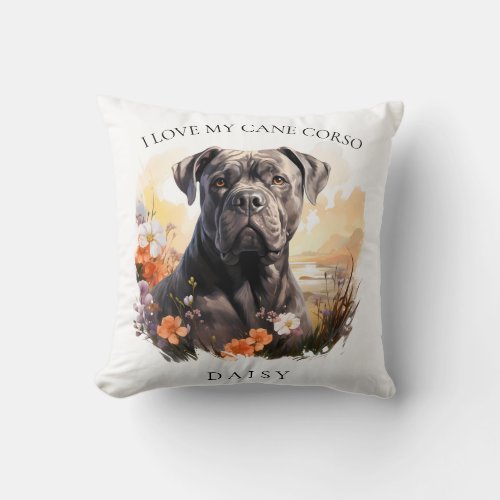 I Love My Cane Corso Floral Dog Portrait Throw Pillow