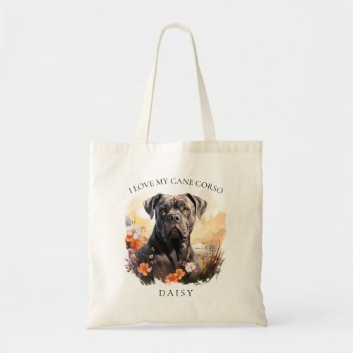 I Love My Cane Corso Floral Dog Portrait Tote Bag