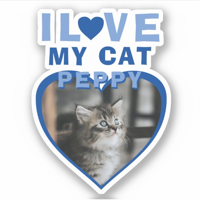I love my Cat Blue Heart Photo Pet Name Sticker (Front)