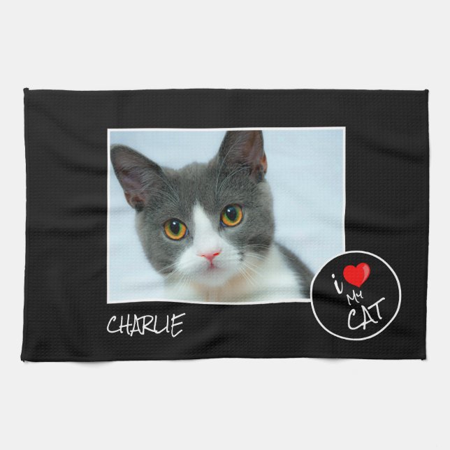 I Love My Cat, Custom Photo – Pet Lovers Kitchen Towel (Horizontal)