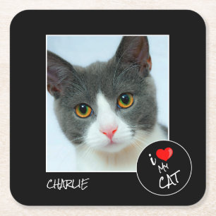 I Love My Cat, Custom Photo – Pet Lovers Square Paper Coaster