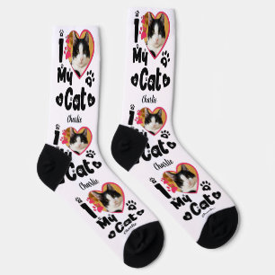 I Love My Cat Heart Personalized Photo & Name Socks