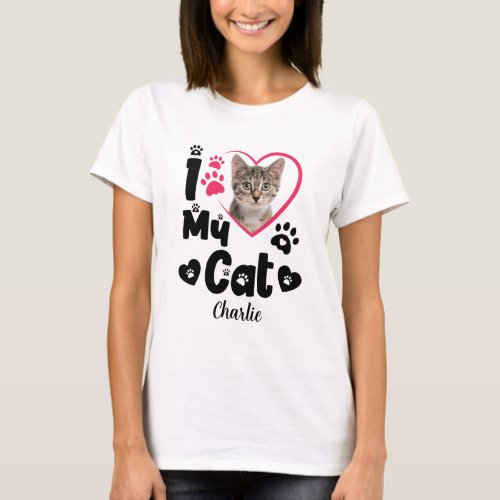 I Love My Cat Heart Personalized Photo  Name T_Shirt
