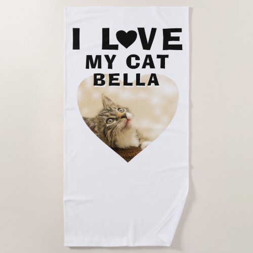 I love my Cat Heart Photo Cat Name  Beach Towel