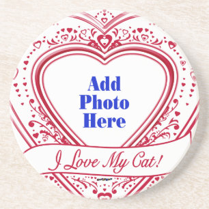 I Love My Cat! Photo Red Hearts Sandstone Coaster