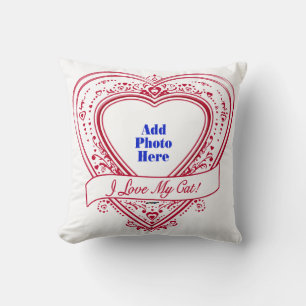I Love My Cat! Photo Red Hearts Throw Pillow