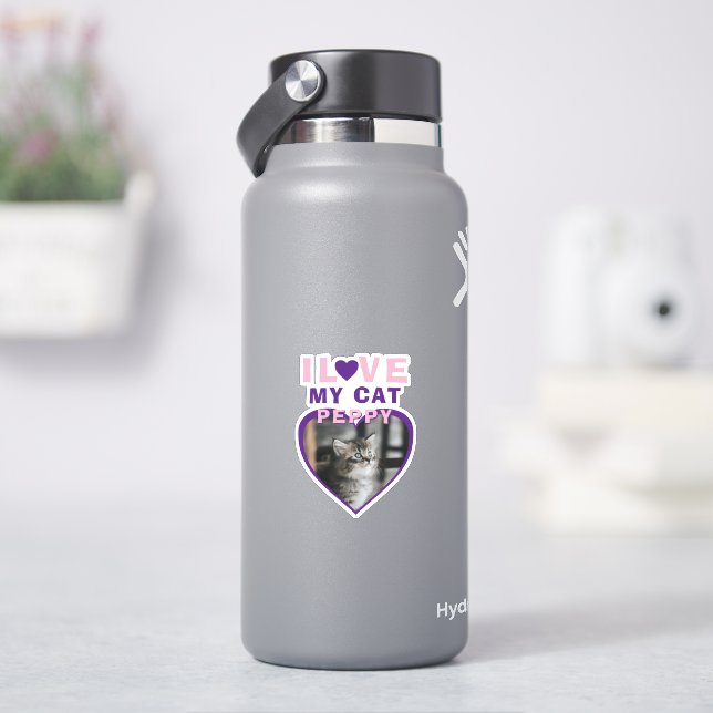I love my Cat Pink Heart Photo Pet Name  Sticker (HydroFlask)