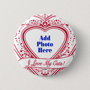 I Love My Cats! Photo Red Hearts Button
