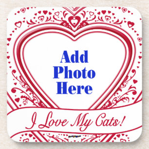 I Love My Cats! Photo Red Hearts Drink Coaster