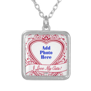 I Love My Cats! Photo Red Hearts Silver Plated Necklace