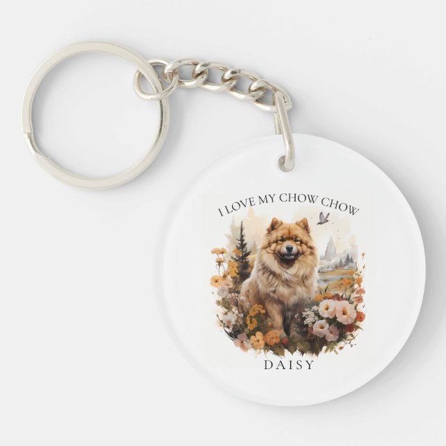 I Love My Chow Chow Floral Dog Portrait Keychain (Front)