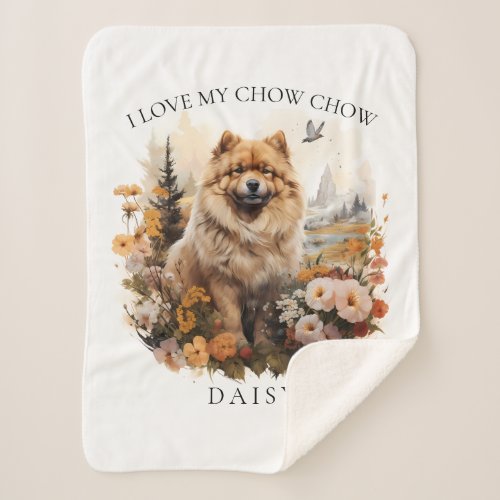 I Love My Chow Chow Floral Dog Portrait Sherpa Blanket