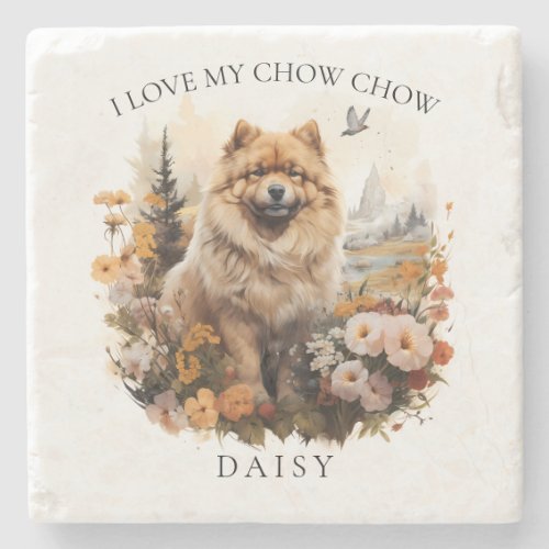 I Love My Chow Chow Floral Dog Portrait Stone Coaster