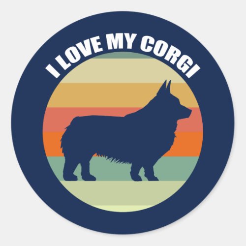 I Love My Corgi Beautiful Retro Sunset Classic Round Sticker