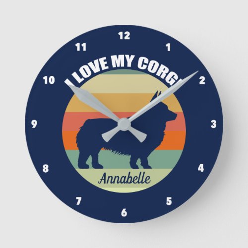 I Love My Corgi Cute Personalized Sunset Dog Round Clock