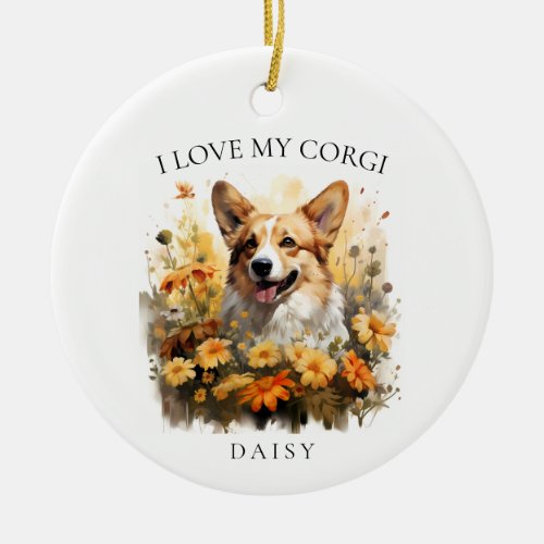 I Love My Corgi Floral Dog Portrait Ceramic Ornament