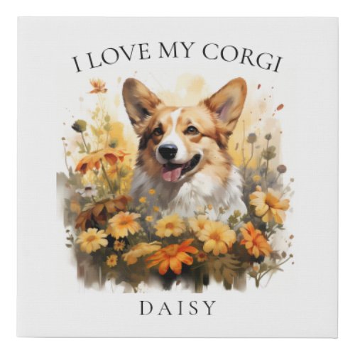 I Love My Corgi Floral Dog Portrait Faux Canvas Print