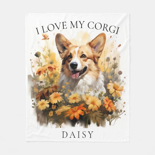 I Love My Corgi Floral Dog Portrait Fleece Blanket