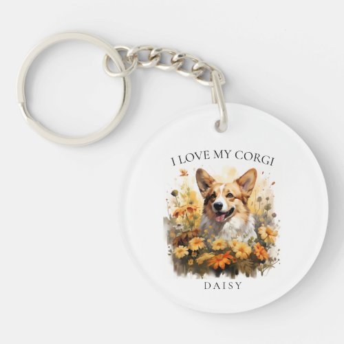 I Love My Corgi Floral Dog Portrait Keychain