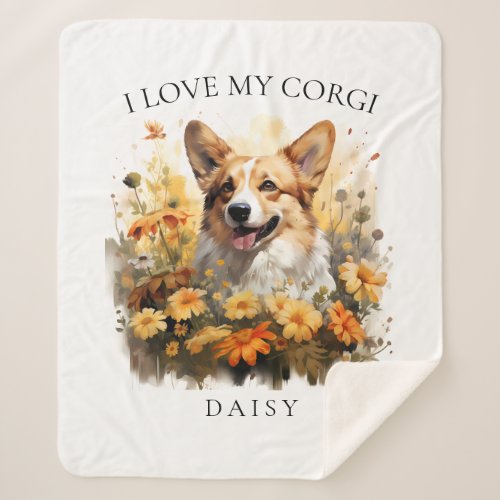 I Love My Corgi Floral Dog Portrait Sherpa Blanket