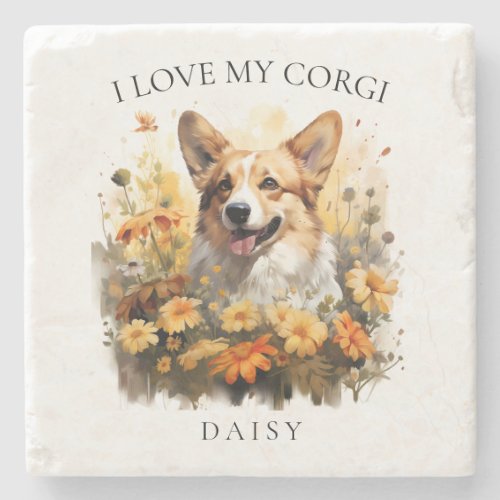 I Love My Corgi Floral Dog Portrait Stone Coaster