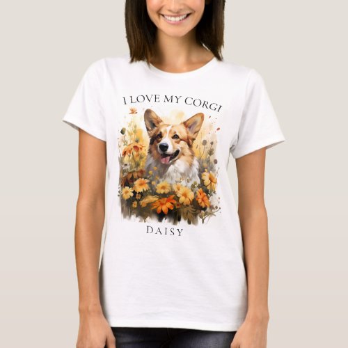 I Love My Corgi Floral Dog Portrait T_Shirt