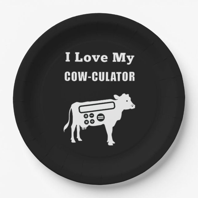 I Love My Cow-culator Funny Math Calculator Pun Paper Plates (Front)