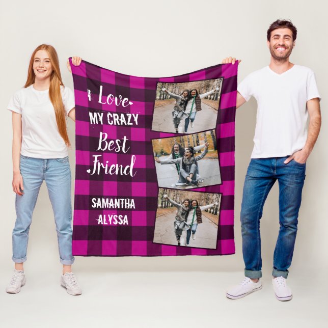 I Love My Crazy Best Friend Pink Plaid 3 Photo Fleece Blanket (In Situ)