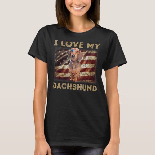 I Love My Dachshund Dad Mom American Flag Dachshun T_Shirt