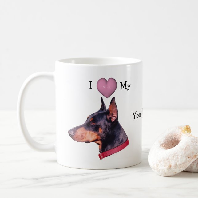 I Love My Doberman Personalized  Coffee Mug (With Donut)