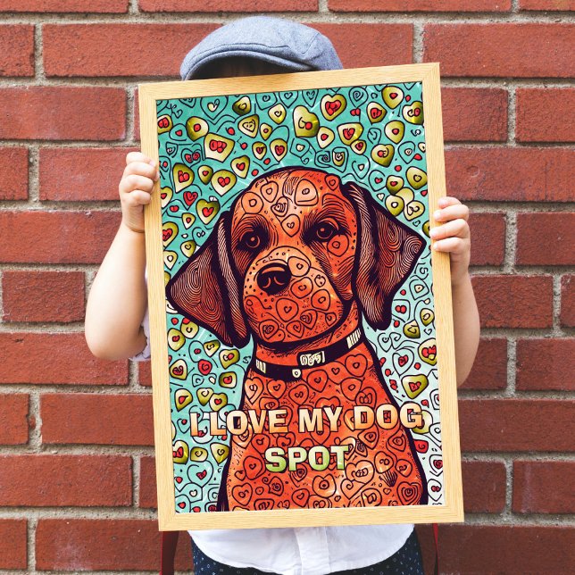 I Love My Dog Adult Coloring Poster (I Love My Dog Adult Coloring Poster being held up by a little boy covering his face. )