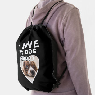 I love my Dog Black Heart Pet Name Photo Drawstring Bag