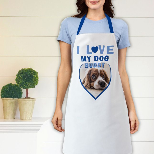 I love my Dog Blue Heart Photo Pet Name Apron (Creator Uploaded)