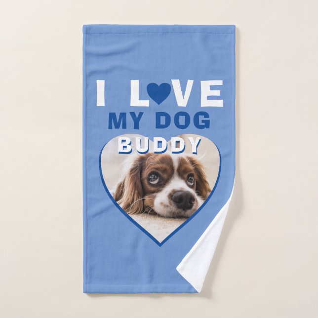 I love my Dog Blue Heart Photo Pet Name Bath Towel Set (Hand Towel)