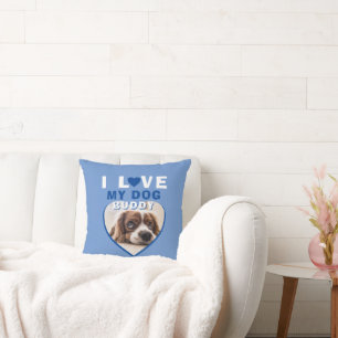 I love my Dog Blue Heart Photo Pet Name Throw Pillow