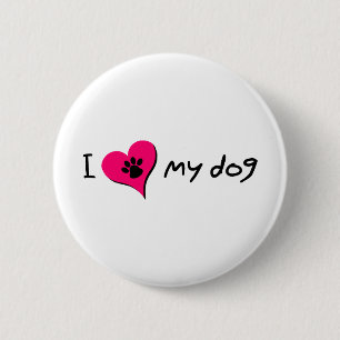 I Love My Dog Cute Paw Print on Heart Pinback Button